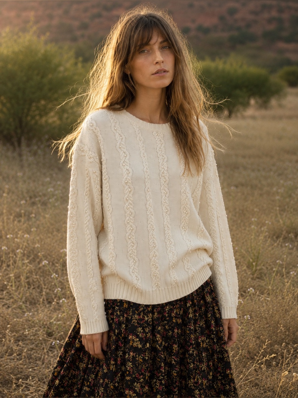 VTG 90s Leslie Fay Pearl Cable Knit Ramie Cotton Oversized Sweater Cottagecore S - Picture 3 of 15